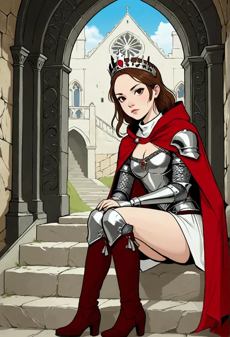 Title "2B Queen-Prepare to ascend the throne" in a gothic and medieval style font, to an idyllic image in the Manga illustration style, of a beautiful young British girl with long brown hair, brown eyes. She is dressed as a Valkyrie with short chainmail ar...