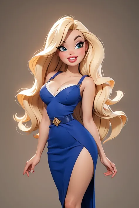 1girl, solo, (Blonde hair, waist length very very long straight hair: 1.15), thick wavy messy hair, pinup pose, barbie, heavy makeup, tight mini dress, fairy wings, bimbo, seducing look,clear perfect skin, realistic, large round breasts, close up, portrait...