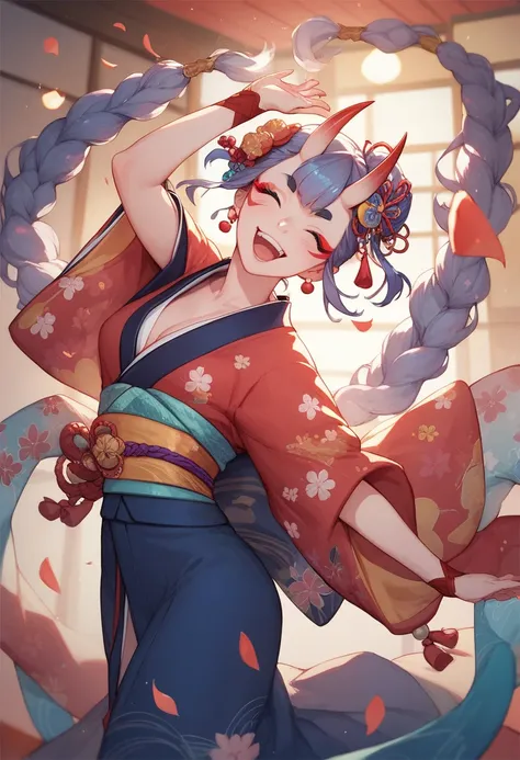 oni japanese girl, kimono, dancing, happy smile