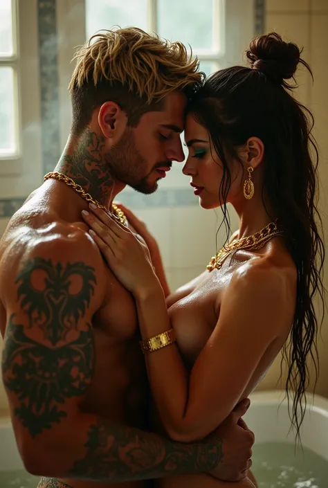 Create a sexy image of a couple of an attractive muscular and tattooed man with Colombian features and short light golden chocolate colored hair, tanned skin, big clear blue eyes, freckles behind his girlfriend a woman with Colombian features, full lips, p...