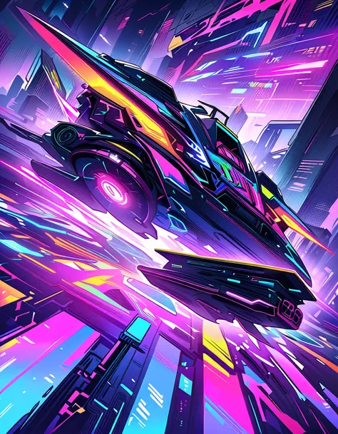  A race car , ( is the best quality, 4K,  high resolution, masterpiece:1.2), Super Fine,  actual :1.37, Vibrant colors,  illuminated by neon lights,  in a dystopian cityscape ,  The ，with tall skyscrapers and futuristic buildings ,  surrounded by flying ve...