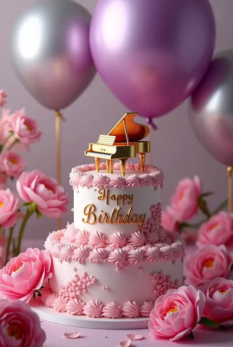   super realistic image of birthday cake ,  Two-storey, Pink and white,   small piano written in gold letters ,  There is a  :  happy birthday written in gold letters Lore  ,   big purple and silver balloon  ,   flowers are gladiolus and peony  