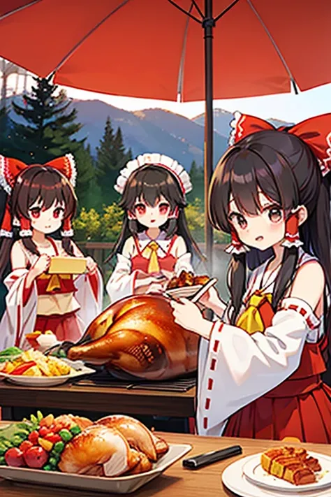 Hakurei Reimu Group eating roasted turkey