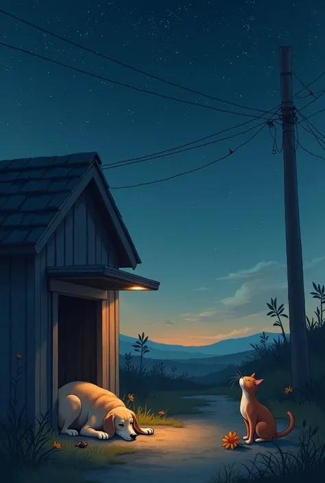 At dusk,  the dog is back in its shed looking at the stars. the bird is asleep next to it ,  and the cat walks by with a flower on its legs ,  leaving her near the booth as a thank you .
