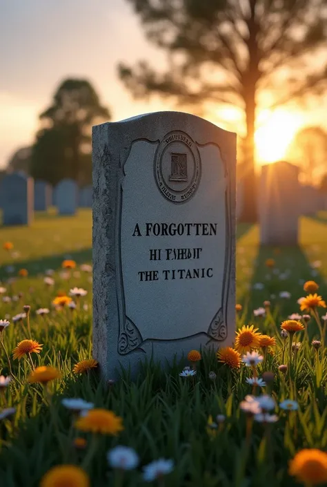 A man’s (James) gravestone in a serene cemetery surrounded by wildflowers, with an engraving that reads "A Forgotten Hero of the Titanic," modern era, set under a soft, golden sunset, with trees and a peaceful landscape in the background, wide-angle shot, ...