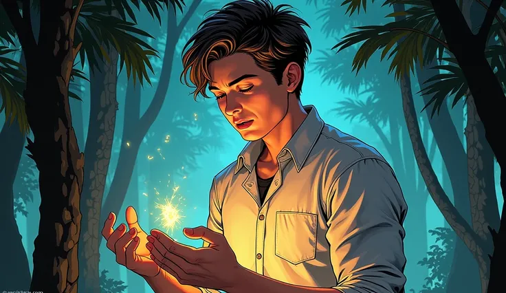 OK now do the one about a 17-year-old white boy with moderate muscles and wearing a button down shirt finding a mysterious artifact in comic style