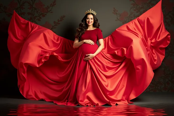 pregnant woman in red gown posing with red dress and crown, a portrait by Bernardino Mei, shutterstock contest winner, baroque, royal gown, dressed in a beautiful red cloak, maternal photography 4 k, bright red cape on her back, pregnant belly, full body p...