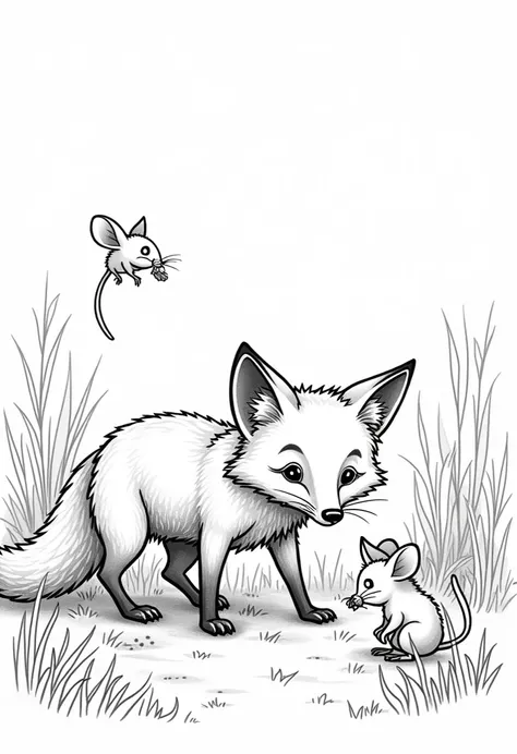 Livre à colorier dun Fox hunting for mice in the undergrowth.,traits enfantins,épaisses lignes,sans couleur,fond blanc,seulement des tirets