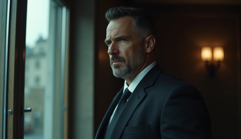 Hyper-realistic, cinematic, (Masterpiece), male, mid-forties, detective, a concerned scowl and a look of inquisitiveness, he sees everything as a potential clue, a strong jawline and clean shaven, he is well-built and strong, he wears a nicely made suit wi...