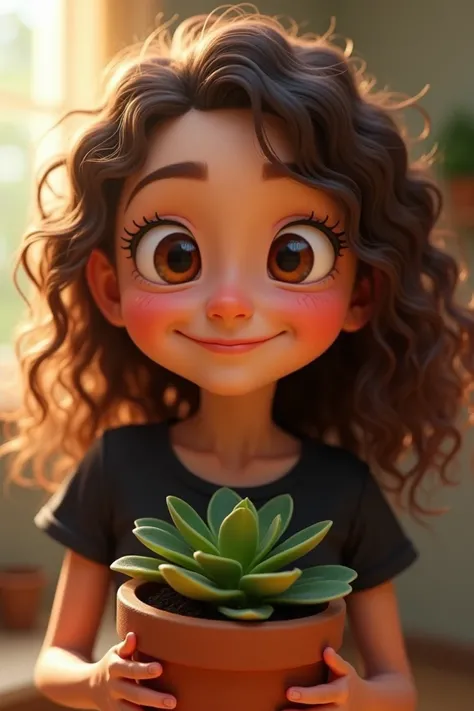  A cute character with long curly brown eyes and hair, smiling at the camera. Wearing a planter with a black shirt 