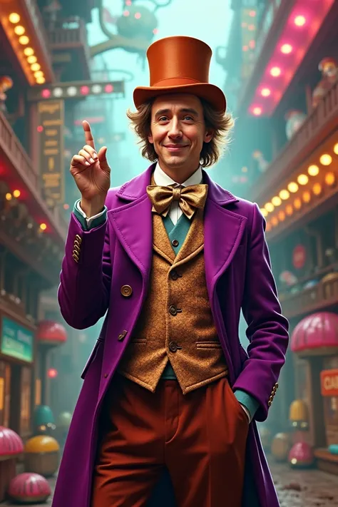 Character Wiily Wonka taking rapper-style shots