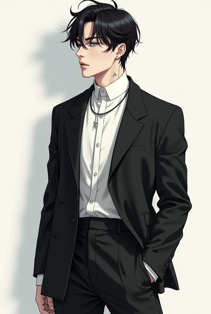  Create a sketch of a boy with white skin, of 18 year old black haired with blue eyes , a pierced left ear ,  with a crescent mole on the right side of his neck . of 1. 80 tall 
Dressed in a sober way based on modern Korean styles and modern Korean fashion...