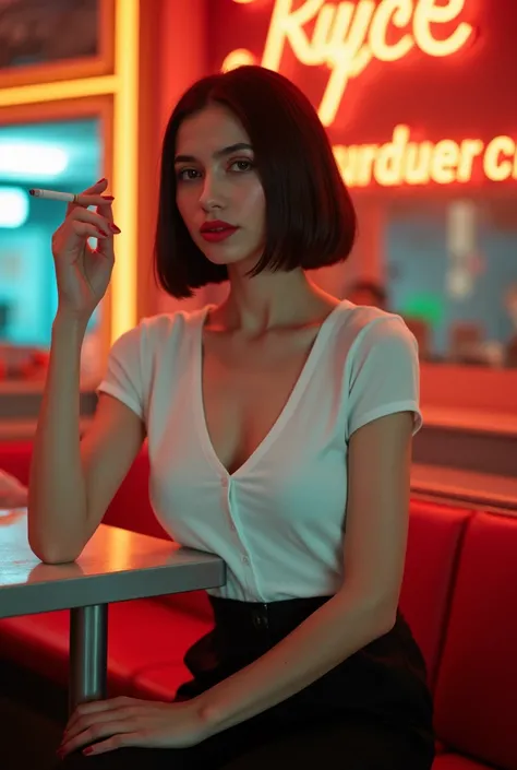 An elegant woman resembling Mia Wallace, with a sleek black bob hairstyle, dressed in a crisp white blouse and fitted black trousers, seated confidently at a retro diner table. She holds a cigarette with a nonchalant yet captivating air, her presence radia...