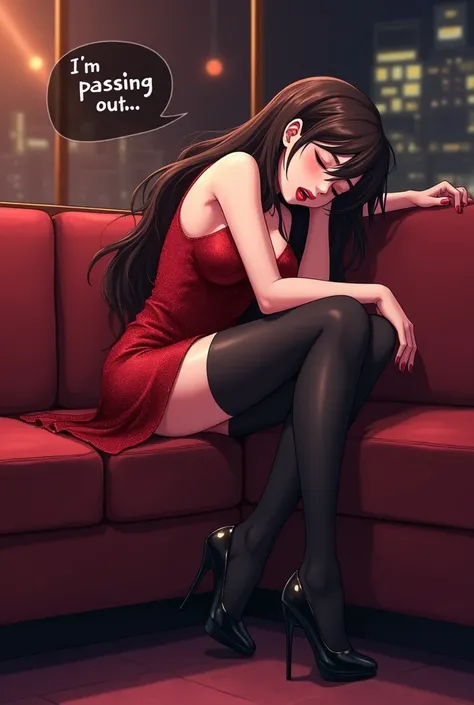 An anime-style illustration of a 35-year-old mature tall female older sister-type character with long dark brown hair, wearing opaque black tights, a short, sparkly red party dress, and black high-heeled pumps.  The character has lipstick and is seated on ...