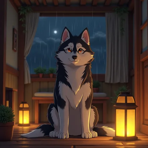 Husky dog anime style, on a wooden floor, night, rain, adult, yellow light lanterns background and a wooden bench background, looking at the viewer, under wooden ceiling.