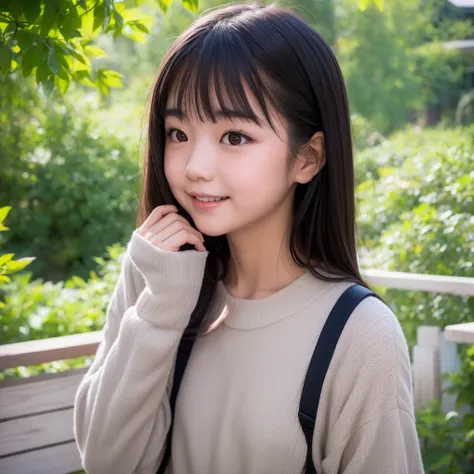  Japanese woman with a viewing angle of, 22 years old, round face,  baby face big eyes , My eyes are raised ,  nose looking up small lips, Smile, Simple beauty , Beauty, cute,  the sun shines in ,  eyes that look far away ,  Max Image, Upper body showing  ...