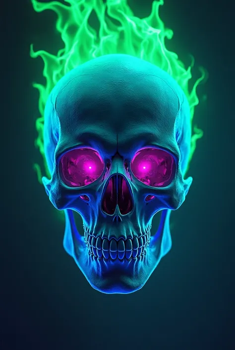 Neon blue, neon purple skull with black eyes and green flames