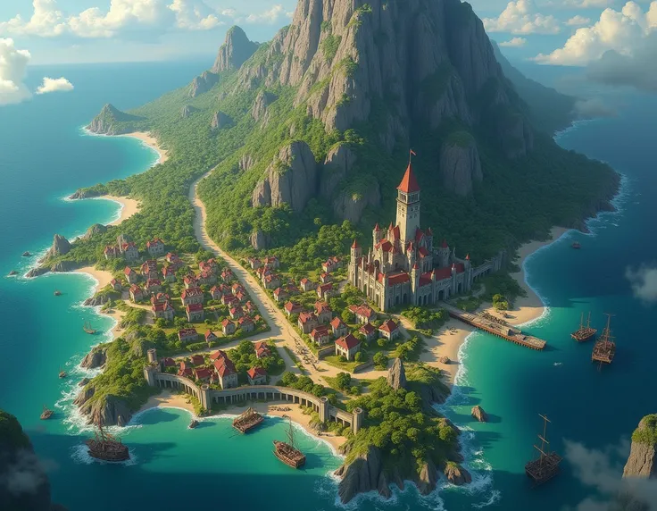  Vision of a large island with a thriving village protected by walls ,  a small fortification ,  a forest and a mountain ,  A small isolated wizard tower on the island View of the Island as a whole,  port region with warships , and fishing boats . Medieval...