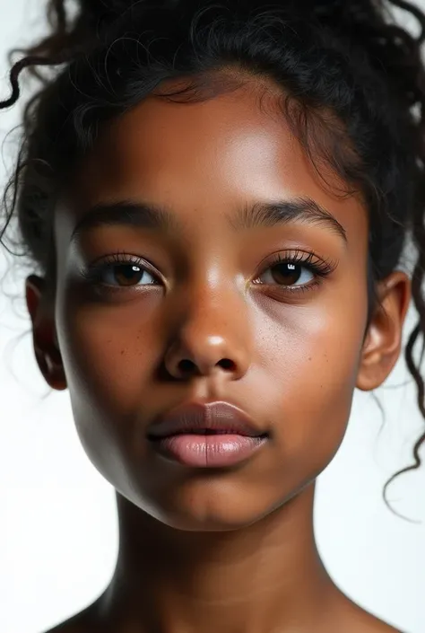 Front view, close-up of High quality photography of hyper-realistic and spectacular face of beautiful young Olmec indigenous woman. Thick lips, wide nose, almond-shaped eyes, black, tangled hair.
White background.