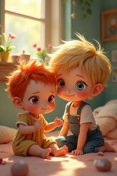 Create a red-haired baby and a slightly older boy ,  of one year with different colored eyes one blue and the other green, with blond hair 