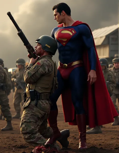 superman bend the bar and tear the head of soldier out of his soldier body so bloody. superman crushing soilder head by his hand bloody in the battlefield.a buff and handsome superman in a superman costume (think movie version of Superman-black undercut, b...