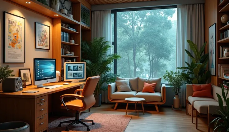 A retro futuristic home office driven by AI, inviting, intriguing, productive.