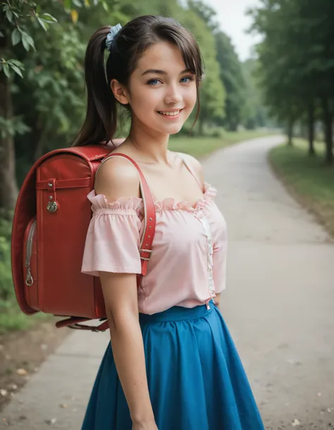 masterpiece, best quality, highres, 1girl, long hair, one side up, solo, ponytail,black hair, blue eyes, bare shoulders, pink shirt, short sleeves, off-shoulder shirt, frills, blue skirt, cowboy shot, smile,standing, wearing randoseru backpack, red backpac...