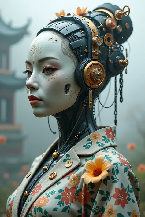 "A futuristic cyberpunk statue with two symmetrical faces facing each other, featuring intricate oriental designs. The head of the statue is adorned with a complex mechanical structure consisting of gears, cables, and technological ornaments. The body is i...