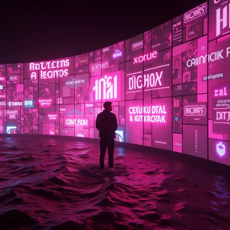 Wall of screens, pink, digital text, text: xxx, text: bitches, text: xes, text: 4023$, text: anal, water, terror