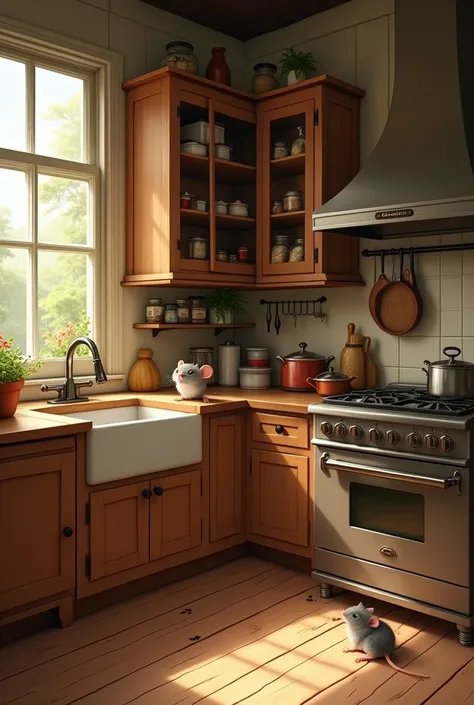 A KITCHEN WITH ITS CUPBOARD AND INVASIVE MICE LIVING INSIDE