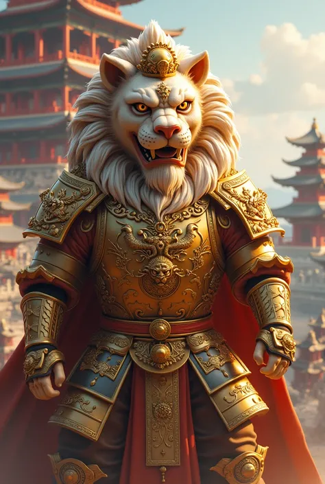 A lion in the armor of a Chinese emperor with a pagoda in the background 