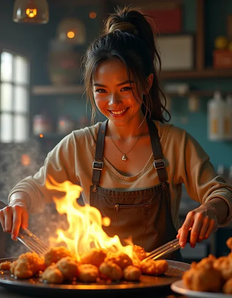 (Photo Realistic), A girl frying chicken in a frying pan,
(Hot oil is splashing in the frying pan), 
long messy hair in a ponytail,
clothes covered in oil,
a bunch of fried chicken on the table,
lots of sweat, wet hair, 
kind smile, look at viewer,
The oil...