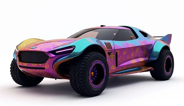 long sports hypercar pickup truck suv minivan limousine hybrid, covered in rainbow batik pattern and glowing rgb runes, off road wheels, front view and rear view of the same car, white background