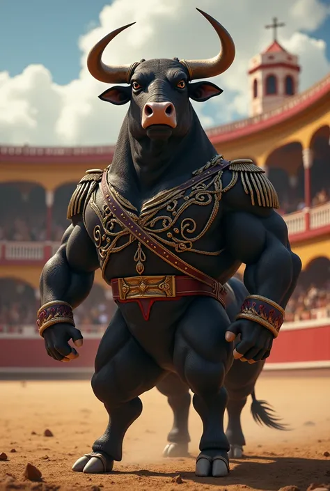 A strong bull in military attire, flexing near a Spanish arena.