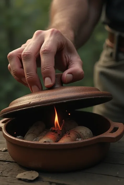 The hand Sleeveless of a man aged around 50 years old,Open the lid of the brown pan and inside the pan is Dynamite with a fuse ready to explode,Very realistic, finest details, very natural, cinematic