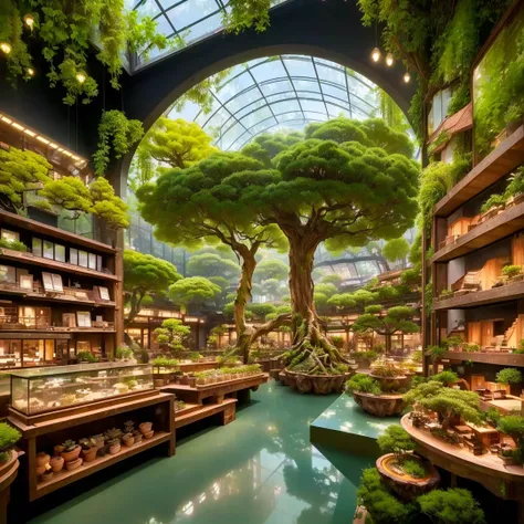  view from a store with a tree in the middle of the room,  lush plants and bonsai trees , many trees and plants ,  all growing inside a huge , magical atmosphere, , roofed forest, highly detailed store, trees and plants ,  full of plants and habitats , pla...