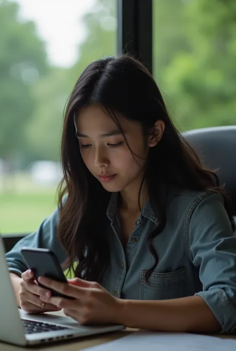 a black-haired adult girl sitting in her work office while using her ,  phone with a distressed expression because behind her is a colleague from her office watching her morbidly. The girl sitting in a park talking to a friend explaining her partners situa...