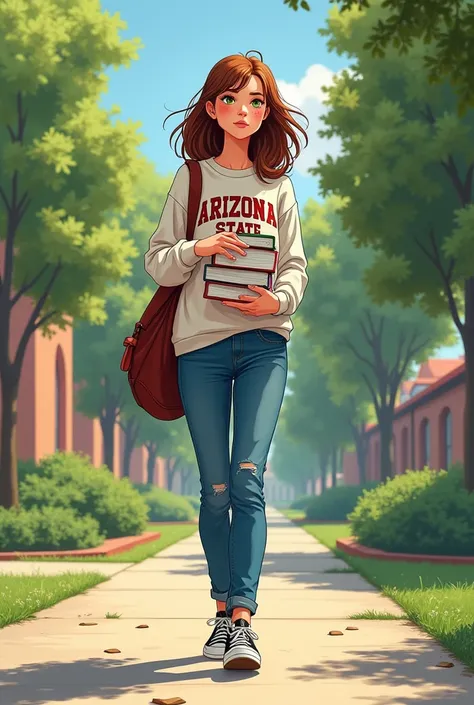 femme grande avec des cheveux châtains mi longs, qui a des yeux verts en amande et des taches de rousseur, elle porte un sweat Arizona State University, un jean et des converses noires aux pieds, elle tient des livres contre elle avec un bras et tient son ...