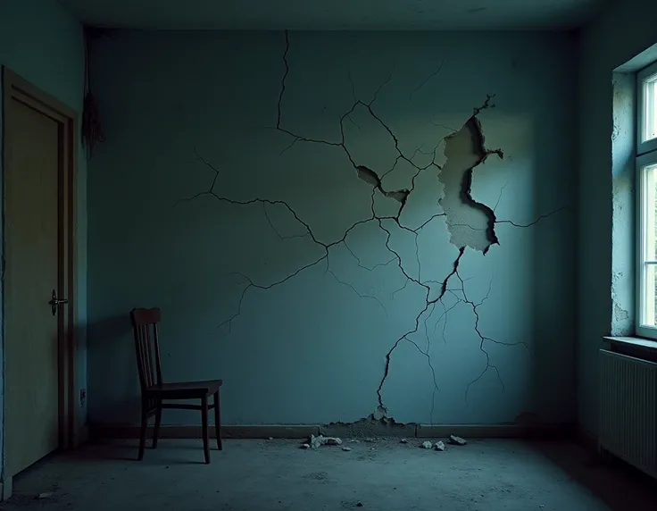 Description: A wall in a house where cracks spread throughout, forming a broken network. The old wall reflects the brokenness of family relationships. An empty chair is nearby, with only the weak light from the window shining in to highlight the cracks, sy...