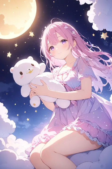 1 girl, (cute face), , (dreamy expression), medium breasts, slim, (wearing a whimsical pajama set), above knee length, (resting on a cloud), (holding a small stuffed animal), BREAK  
Fantasy sky, (surrounded by twinkling stars and a crescent moon:1.2), sof...