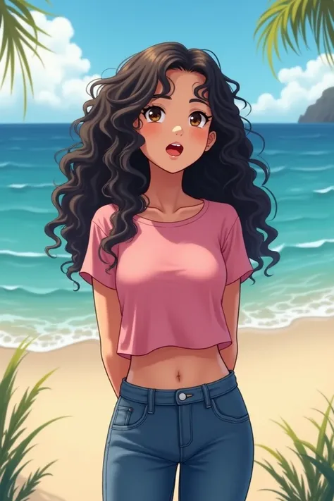 18-year-old white-skinned girl with long black curly hair and cute face that sings with her hands behind her back on the seashore wearing a pink t-shirt that doesnt cover her belly and blue jeans 