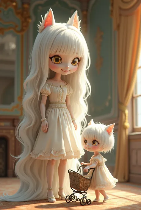 Pretty tall girl ,smiling, white skin , yellow eyes, white hair ,jugando con un niño de  white hair , white skin  y  yellow eyes en una mansión con un carrito pequeño de juguete