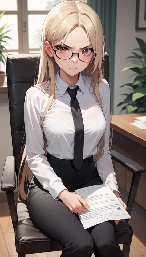 
score_9, score_8_up, score_7_up, 1girl,white shirt, black tie, work pant,long hairstyle, glasses, hold a paper, workaholic, sit on chair, crossing her legs, angry, blushing, look at viewer