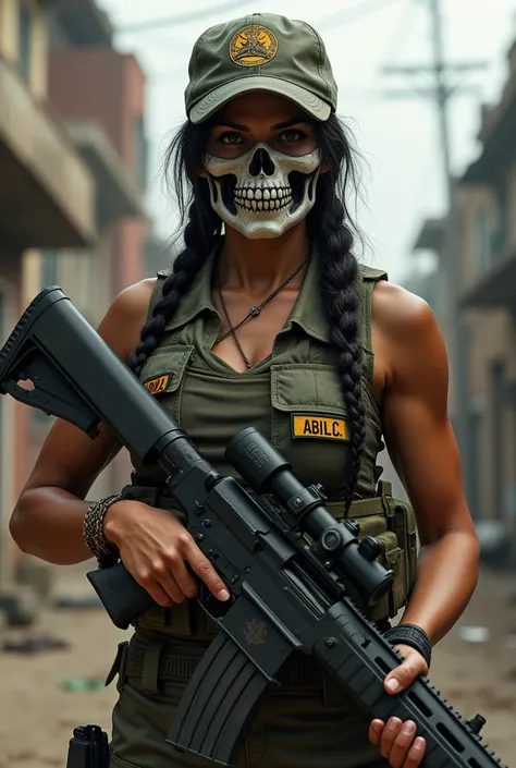 Mexican woman wearing army clothing , Masked up like a skull wearing boxer cap and braids,  holding a rifle 