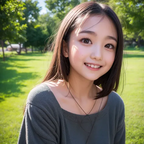  Japanese woman with a viewing angle of, 22 years old, round face,  baby face big eyes , My eyes are raised , Slanted Eyes , Gentle personality , nose looking up small lips, Smile, Simple beauty , Beauty, cute,  the sun shines in ,  eyes that look far away...