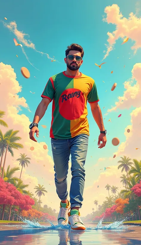 Create a 3D illustration of a realistic man character walking out from social media with a splash colours water effect. The character must wear a Bangladeshi independence day clothing sneakers and sunglasses. “Rony” is written on his T-shirt. The backgroun...