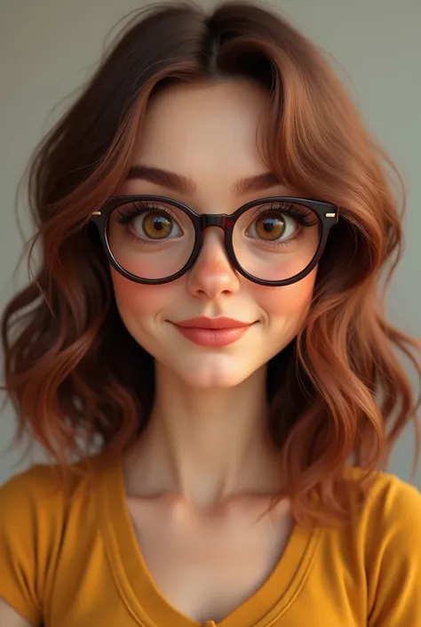 a woman, shorty, chubby,  wavy hair , medium size chestnuts, light skinned, small, fleshy mouth, medium size nose , pear body type, with glasses,  brown eyes ,  round face