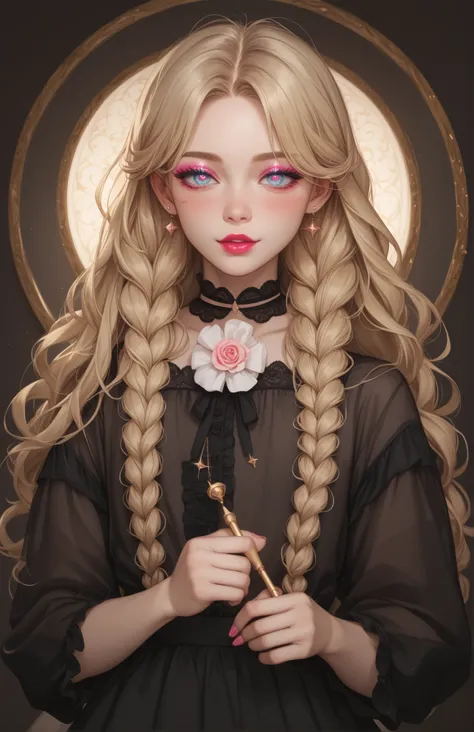 1woman, pretty face, gorgeous eyes, blonde hair, wavy braids, loose dress, light pink blush, Miquella, femboy features, enamored expression, has a crush on you, in love with you, feminine male, light pale matte lipstick, light eyeshadow, light eyeliner, ey...