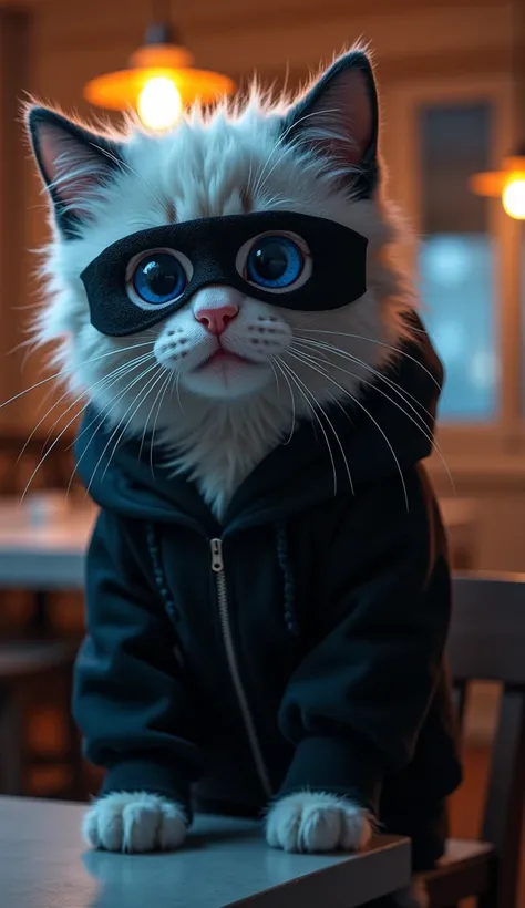 (photorealism: 1.2),  young anthropomorphic ash-white shaggy male cat with expressive blue eyes ,  wears all-black clothing and also masks like a burglar settling in the house.  the background is in a clean and comfortable dining room . Night-like lighting...