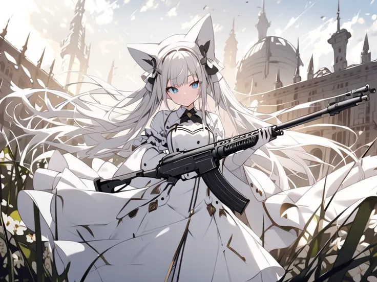 White cat、Personification、 pretty girl、battlefield、 holding an assault rifle、The fingers of the hand５There is a book